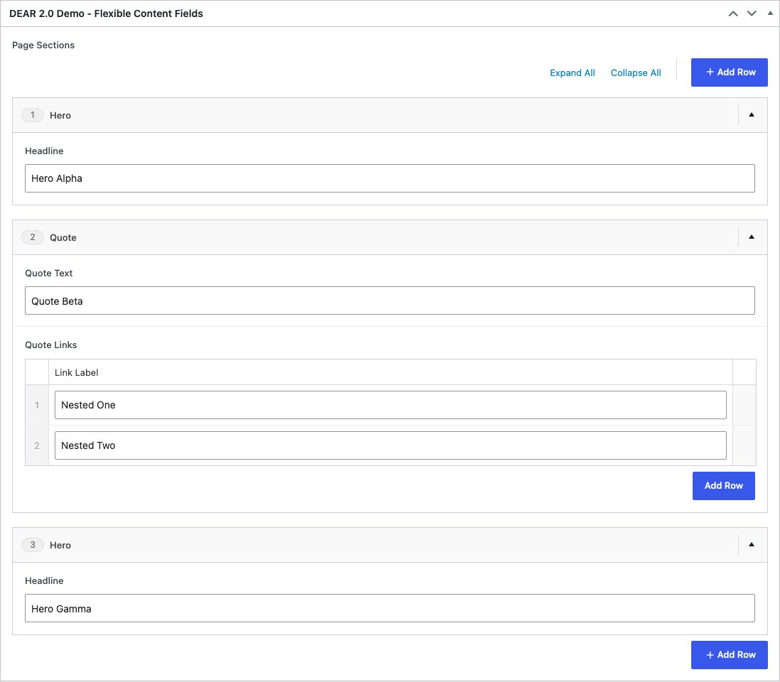 Populated Flexible Content and nested rows in the WordPress editor